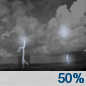 Tonight: A chance of showers and thunderstorms, mainly before 1am.  Partly cloudy, with a low around 75. Light and variable wind.  Chance of precipitation is 50%. New rainfall amounts of less than a tenth of an inch, except higher amounts possible in thunderstorms. 