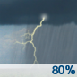 Monday: Showers and thunderstorms before 4pm, then showers and possibly a thunderstorm, mainly after 4pm. Some of the storms could be severe.  High near 70. Breezy, with a south wind 16 to 22 mph, with gusts as high as 36 mph.  Chance of precipitation is 80%. New rainfall amounts between a tenth and quarter of an inch, except higher amounts possible in thunderstorms. 