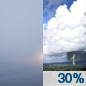 Saturday: A 30 percent chance of showers and thunderstorms, mainly after 3pm.  Patchy fog before 9am.  Otherwise, mostly sunny, with a high near 93. Heat index values as high as 101. Light and variable wind.  New rainfall amounts between a tenth and quarter of an inch, except higher amounts possible in thunderstorms. 